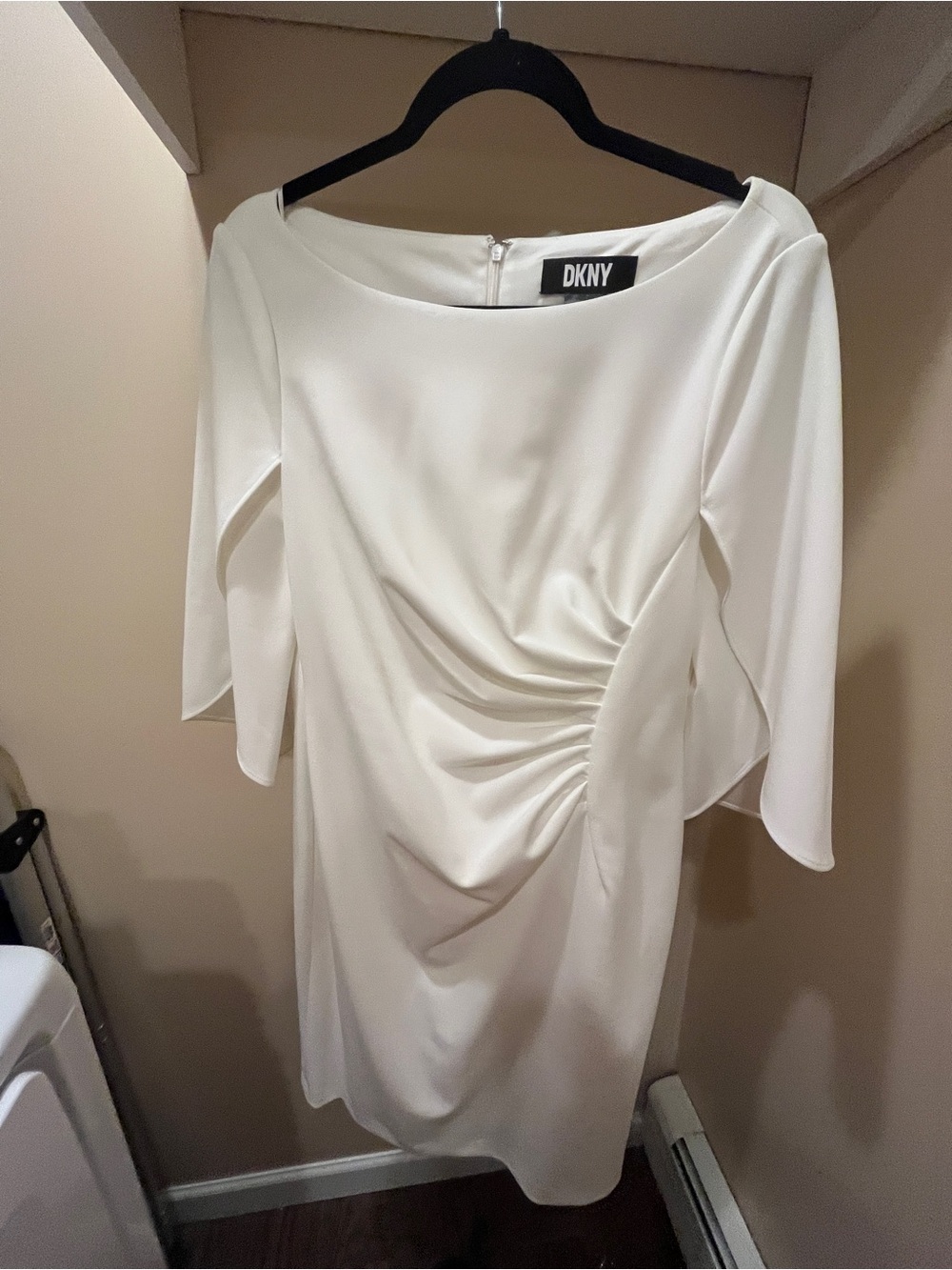 DKNY Ivory Draped Ruched Long Sleeve Sheath Dress